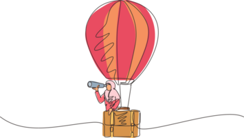 Continuous one line drawing Arabian businesswoman looking through telescope in hot air balloon briefcase. Female in suitcase balloon search to success. Business travel. Single line draw design png