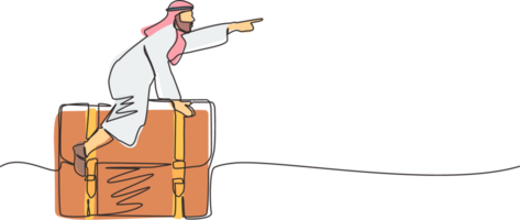 Single continuous line drawing Arabian businessman flying on leather business briefcase. Leadership and attack. Business person move achieve success. One line draw graphic design illustration png