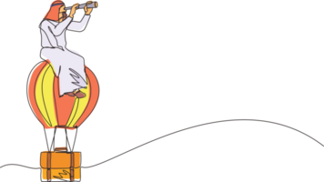 Single one line drawing Arab businessman sitting and looking through telescope in hot air balloon briefcase. Male in suitcase balloon search to success. Business travel. Continuous line design png