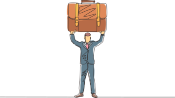 Single continuous line drawing strong manager or businessman raises big briefcase. Business person has achieved success. Rejoices in success. Dynamic one line draw graphic design illustration png