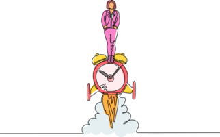 Single one line drawing businesswoman riding alarm clock rocket ship with fire, clouds. Time, watch, limited offer, deadline symbol. Time to work. Countdown shuttle. Continuous line draw design png