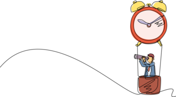 Continuous one line drawing happy businessman, manager or employee ride hot air balloon alarm clock and looking forward with telescope. Time management business travel. Single line draw design png