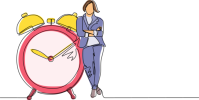 Single one line drawing cute businesswoman, manager or employee stand leaning to big clock. Concept of time management. Time, watch, limited offer, deadline symbol. Continuous line draw design png