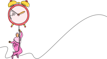 Continuous one line drawing Arabian businesswoman, manager or employee flying with big balloon alarm clock and hold rope. Time management business metaphor. Single line draw design illustration png
