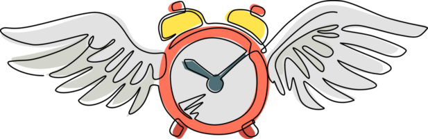 Single continuous line drawing time flies concept. Table alarm clock with wings. Flat flying clock. Time icon or symbol. Winged alarm clock flying in the sky. One line draw design illustration png