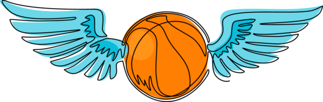 Single continuous line drawing flying basketball ball with wings. Basketball emblem. Flying ball. Black and white outline. Logo for the game and team. Dynamic one line draw design illustration png