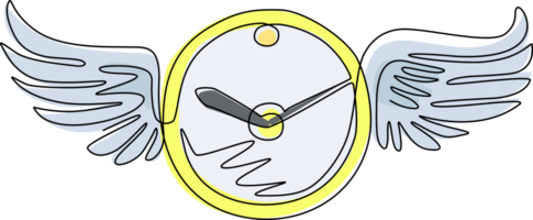 Single one line drawing clock with wings flying in the sky. Lost time concept. Time featuring winged clock flying in the sky. Time flies. Modern continuous line draw design graphic illustration png