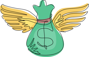 Single one line drawing money bag flying with wings. Dollar money bag icon. Bag with money with wings, dollar sign, flies and glitters. Modern continuous line draw design graphic illustration png