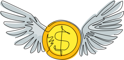 Single einer Linie Zeichnung Münzen Dollar mit Flügel fliegend im das Himmel. hat verloren Geld Konzept. fliegend Geld. Wirtschaft, Finanzen, Geld Piktogramm. modern kontinuierlich Linie zeichnen Design Grafik Illustration png