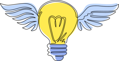 Continuous one line drawing flying bulbs with wings. Flat icon isolated. Imagination, fantasy icon. Knowhow sign. New business idea. Invention logo. Single line draw design graphic illustration png