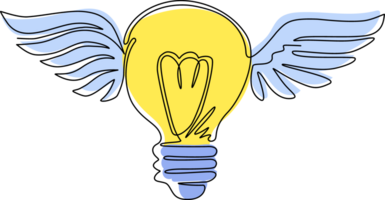 Continuous one line drawing flying bulbs with wings. Flat icon isolated. Imagination, fantasy icon. Knowhow sign. New business idea. Invention logo. Single line draw design graphic illustration png