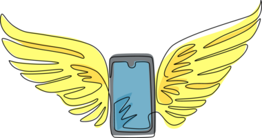 Single continuous line drawing new smart mobile phone flying with wings. Realistic detailed smartphone with touch screen flying with wings isolated. One line draw graphic design illustration png