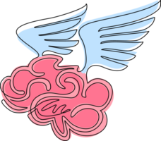 continuo uno línea dibujo cerebro con alas mosca en el cielo. volador cerebro icono. sesos de el soñador. gratis mente logo modelo diseño etiqueta emblema. soltero línea dibujar diseño gráfico ilustración png