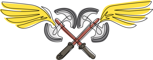 Single continuous line drawing flying two crossed axes. Weapon of medieval fantastic warrior. Winged two crossed axes logo with elegant outspread wings for logo design. One line draw graphic png