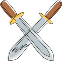 Single one line drawing two crossed swords icon, metal sword, European straight swords, realistic sword isolated. European straight swords. Daggers, knifes. Continuous line draw design graphic png