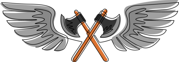 Single one line drawing two crossed axes fly with wings. Equipment for lumberjack or firefighter. Winged two crossed axes logo with elegant outspread wings for logo. Continuous line draw design png