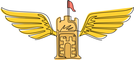 kontinuierlich einer Linie Zeichnung uralt Festung Emblem mit Flügel. heraldisch Mantel von Waffen, Jahrgang Logo. retro Logo im alt Stil auf isoliert Weiß Hintergrund. Single Linie zeichnen Design Illustration png