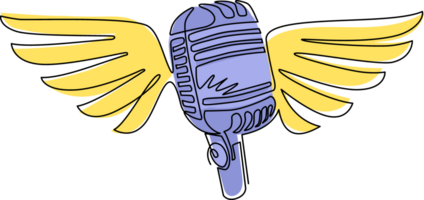 Célibataire continu ligne dessin Créatif micro avec ailes. karaoké la musique avec microphone, ailes. divertissement, la musique concept pour rétro bannière ou affiche. un ligne dessiner graphique conception illustration png