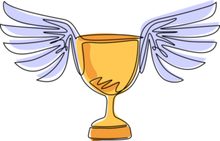 Continuous one line drawing winning trophy with wings design, winner first position competition success sport best leadership compete and challenge theme. Single line draw design illustration png