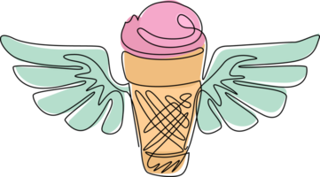 Single continuous line drawing ice cream cone with wings icon. Winged frozen ice cream logo for food business. Delicious dessert in summer. Dynamic one line draw graphic design illustration png