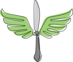 Single continuous line drawing food knife with wings fly logo symbol icon. Winged silhouette kitchen knife. Food business restaurant theme. Dynamic one line draw graphic design illustration png