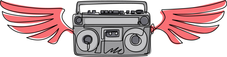 Single continuous line drawing winged boombox black and white music emblem. Tape recorder monochrome graffiti with wings. Retro radio icon. Dynamic one line draw graphic design illustration png