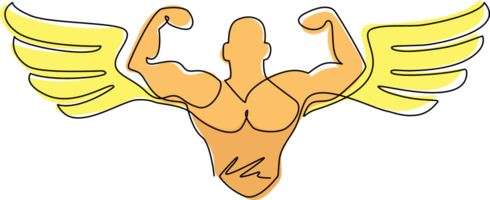 Single one line drawing bodybuilder with wings, fitness and bodybuilding theme. Fitness gym logo design template weightlifting. Sport fitness club. Continuous line draw graphic illustration png