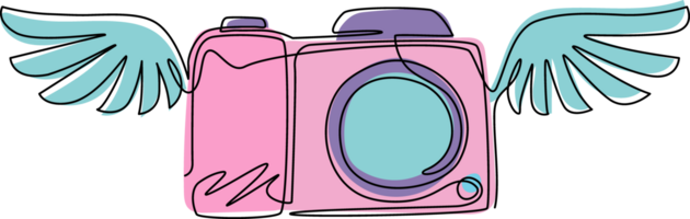 doorlopend een lijn tekening foto camera Vleugels. fotografie en foto studio logo. bedrijf teken, identiteit, label, insigne en branding voor bedrijf. single lijn trek ontwerp grafisch illustratie png