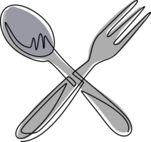 Single one line drawing fork spoon logo icon. Delicious food delivery, catering business restaurant, fast food area symbol flat isolated. Modern continuous line draw design graphic illustration png