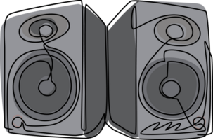 kontinuerlig ett linje teckning musik systemet högtalare med ikon logotyp. musikalisk Utrustning grunge bild av högtalare platt design element baner affisch. enda linje dra design grafisk illustration png