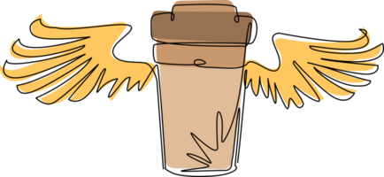 Single continuous line drawing take-out flying coffee cup with wings. disposable cardboard cup of coffee. Paper container icon. Fast food, lunch delivery program. One line draw graphic design png