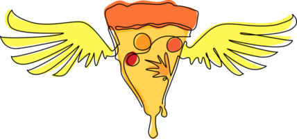 Single continuous line drawing sliced pizza with wings. Flat isolated pizza, meal, delivery, cafe, fun illustration with olives and sausage. Love pizza for cafe. One line draw graphic design png