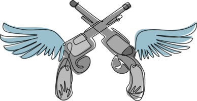 Célibataire continu ligne dessin deux cow-boy revolver pistolets avec ailes icône logo symbole. ailé deux franchi pistolet sur blanc Contexte isolé. dynamique un ligne dessiner graphique conception illustration png