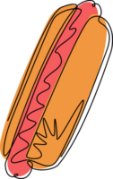 continuo uno línea dibujo caliente perro. rápido comida cocido salchicha de caliente perro en rebanado bollo. rápido comida para póster, menús, folleto, web, icono rápido alimento. soltero línea dibujar diseño gráfico ilustración png