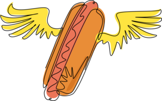 Single continuous line drawing hot dog with wings logo. Meal, delivery, cafe, fun illustration icon. Love hot dog for fast food cafe concept. Dynamic one line draw graphic design illustration png