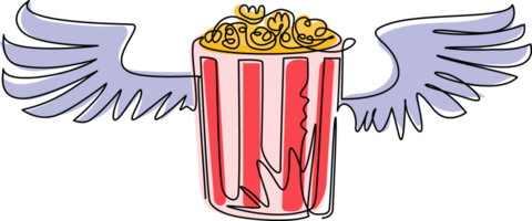 enda kontinuerlig linje teckning full popcorn hink med vingar logotyp. flygblad, inbjudan, biljett, baner, affisch, webb sida, märka, design element eller ikon. ett linje dra grafisk design illustration png