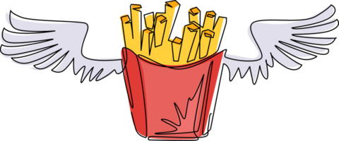 Single one line drawing french fries in paper box with wings, isolated. Flat design logo symbol. French fries fast food in red package. Modern continuous line draw design graphic illustration png