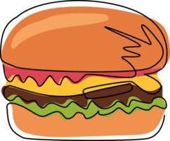 Single one line drawing hamburger icon. Classic burger American cheeseburger with lettuce tomato onion cheese beef and sauce. Fast Food. Modern continuous line draw design graphic illustration png