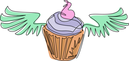 singolo continuo linea disegno delizioso Cupcake con Ali icona simbolo isolato. alato minimo Cupcake logo. forno carino portafortuna logotipo. dinamico uno linea disegnare grafico design illustrazione png