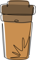 Single continuous line drawing coffee paper cup template with cardboard holder and plastic lid. Disposable takeout cafe package. Takeaway craft pack. One line draw graphic design illustration png