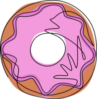 Single continuous line drawing donut icon logo. Sweet sugar icing donuts. Break time with white chocolate, strawberry and chocolate donuts top view. One line draw graphic design illustration png