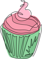 continu un ligne dessin petit gâteau avec crème et Cerise logo. main dessin art dessert thème avec muffin et rouge Cerise pour logo isolé. minimaliste affiche. Célibataire ligne dessiner conception graphique png