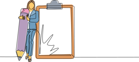 single doorlopend lijn tekening zakenvrouw Holding reusachtig potlood op zoek Bij voltooid checklist Aan klembord. effectief dagelijks planning en tijd beheer. een lijn trek ontwerp illustratie png