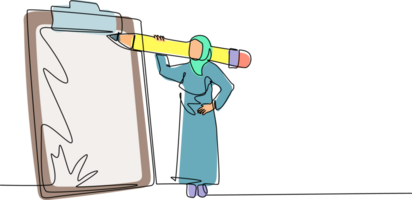 Single one line drawing Arabian businesswoman with giant pencil on her shoulder nearby marked checklist on clipboard paper. Successful completion of business tasks. Continuous line draw design png