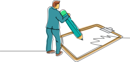 Single continuous line drawing businessman filled out questionnaire. Guy with pencil writes test. Man standing near big checklist. Male writes on clipboard. One line draw design illustration png