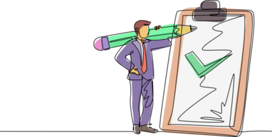 Single one line drawing positive businessman with giant pencil on his shoulder nearby marked checklist on clipboard paper. Successful completion of business tasks. Continuous line draw design png