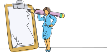 Single continuous line drawing positive businesswoman with giant pencil on her shoulder nearby marked checklist on clipboard paper. Successful completion of business tasks. One line draw design png