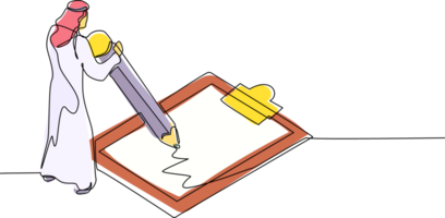 Continuous one line drawing Arab businessman filled out questionnaire. Man standing near big checklist. Male with pencil writes test on clipboard. Single line draw design graphic illustration png