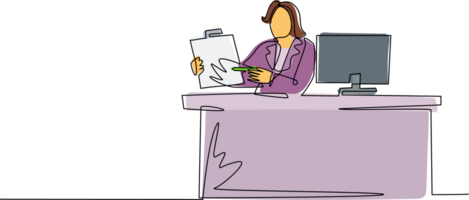 Continuous one line drawing smiling banking clerk showing bank credit, loan contract or mortgage agreement sitting at desk with computer. Businesswoman lender. Single line draw design graphic png