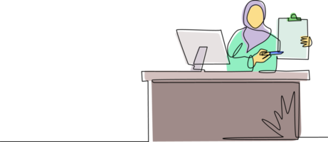 Single continuous line drawing smiling banking clerk showing bank credit, loan contract or mortgage agreement sitting at desk with computer. Arabian businesswoman lender. One line draw design png